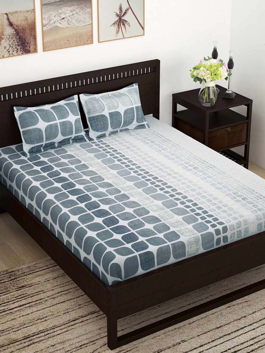 

Story@home Grey & White Abstract Flat 144 TC Cotton 1 Queen Bedsheet with 2 Pillow Covers