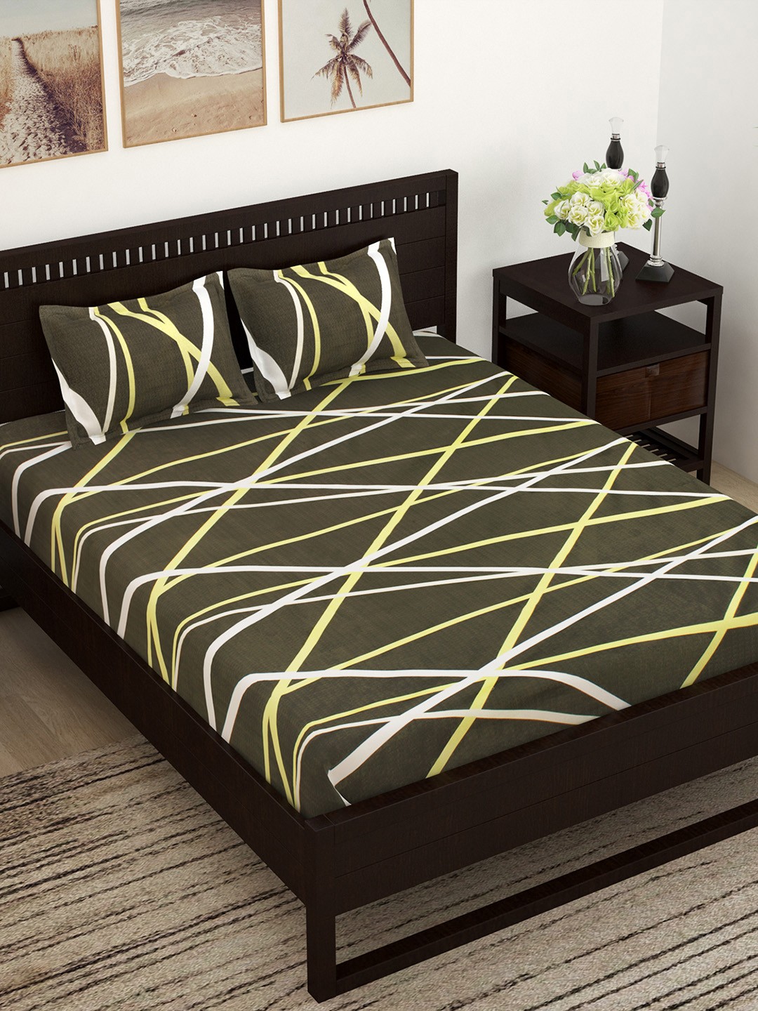 

Story@home Charcoal Grey & Yellow Flat 144 TC Cotton Queen Bedsheet with 2 Pillow Covers