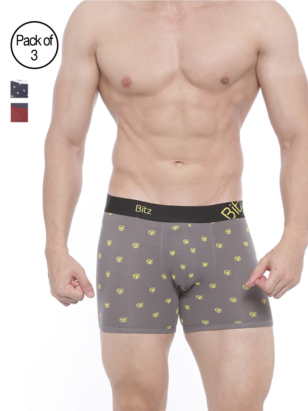 

Bitz Men Pack of 3 Printed Trunks EEC015, Grey