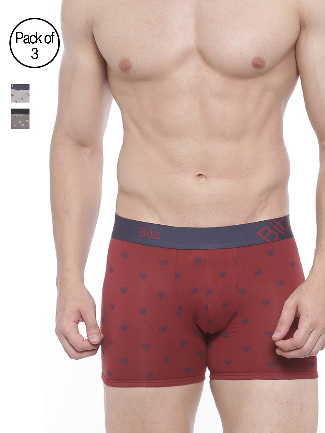 

Bitz Men Pack of 3 Printed Trunks EEC015, Red