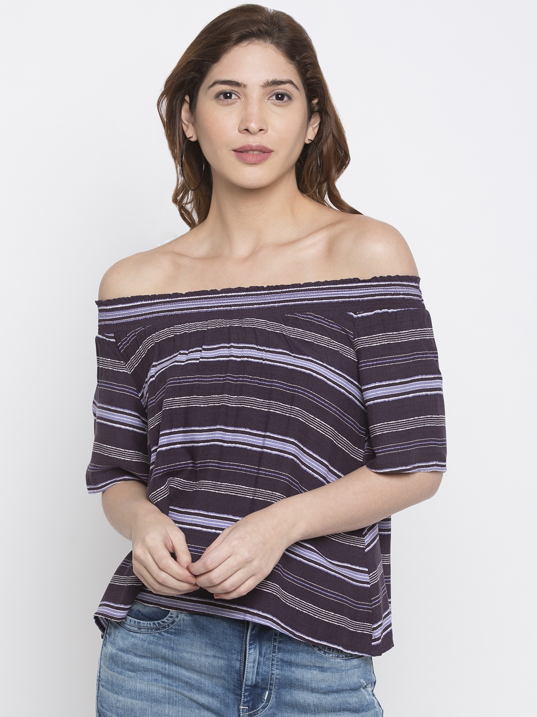 

Globus Women Navy Blue Striped Bardot Top