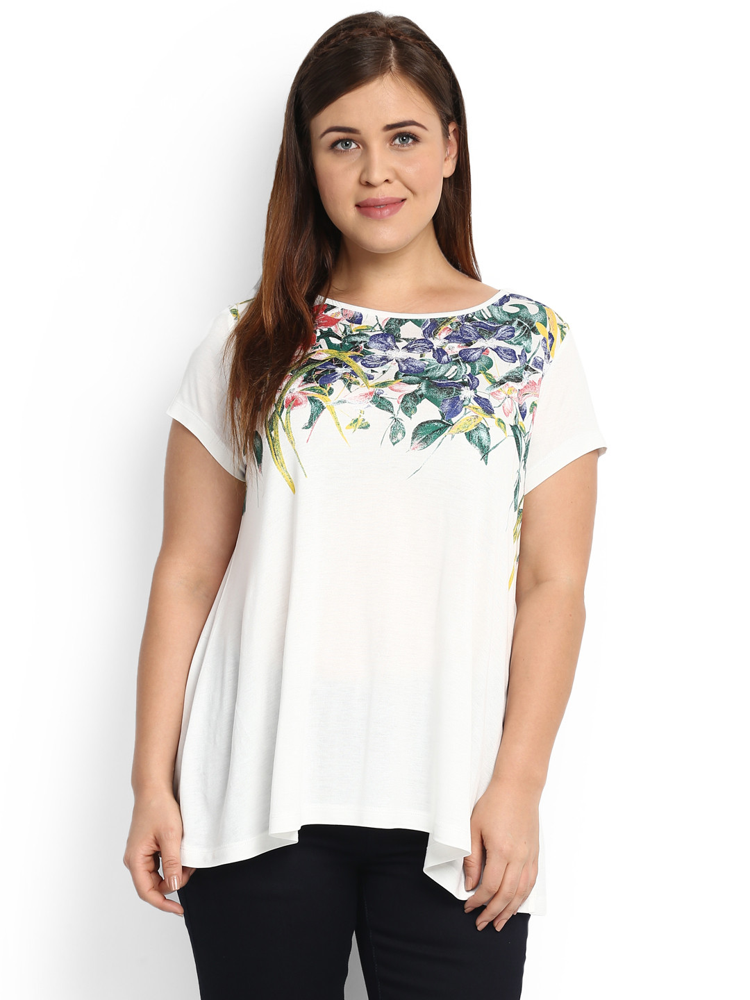 

aLL Women White Floral Printed Plus Size Round Neck T-shirt