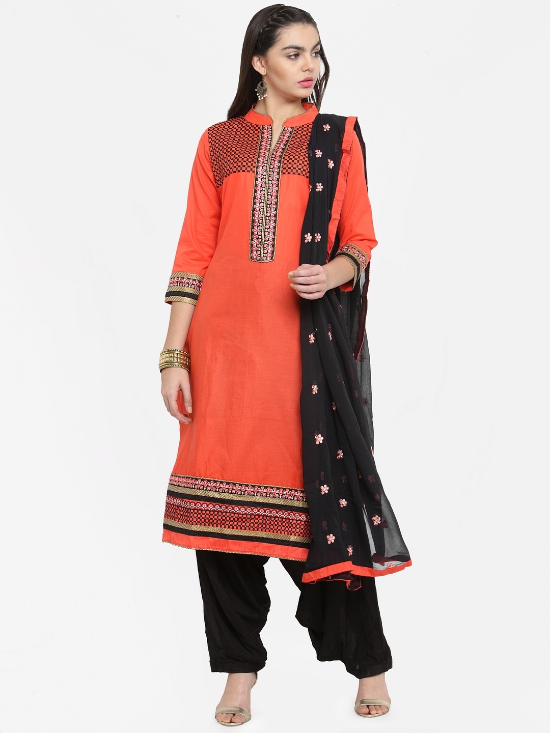 

Kvsfab Rust Orange & Black Cotton Blend Unstitched Dress Material