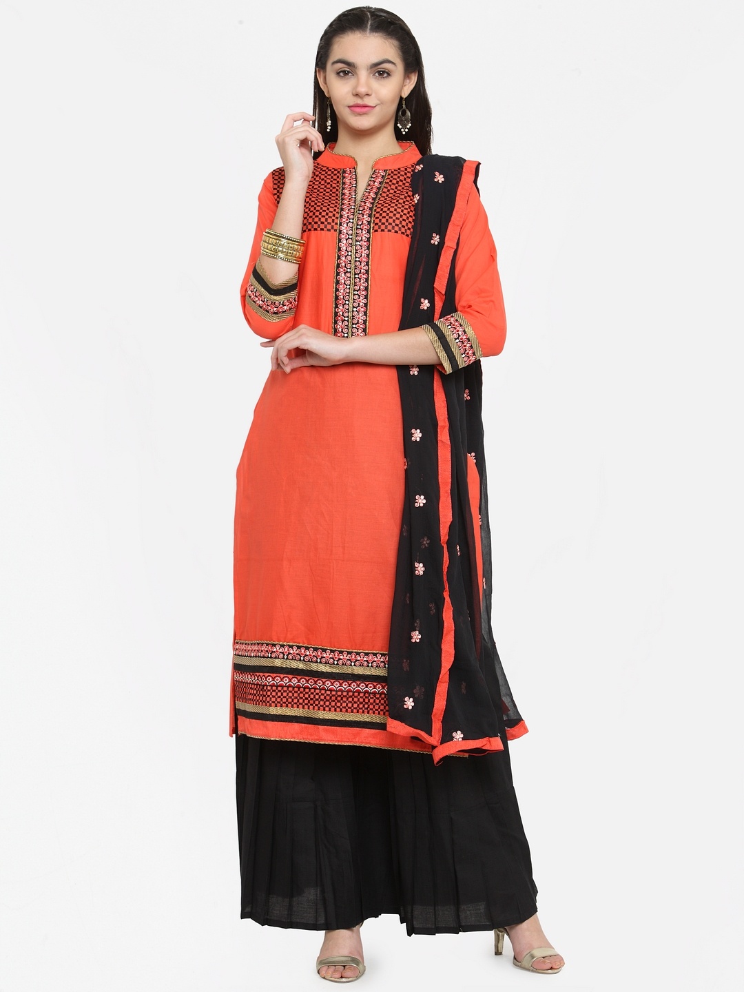 

Kvsfab Coral Orange & Black Cotton Blend Unstitched Dress Material
