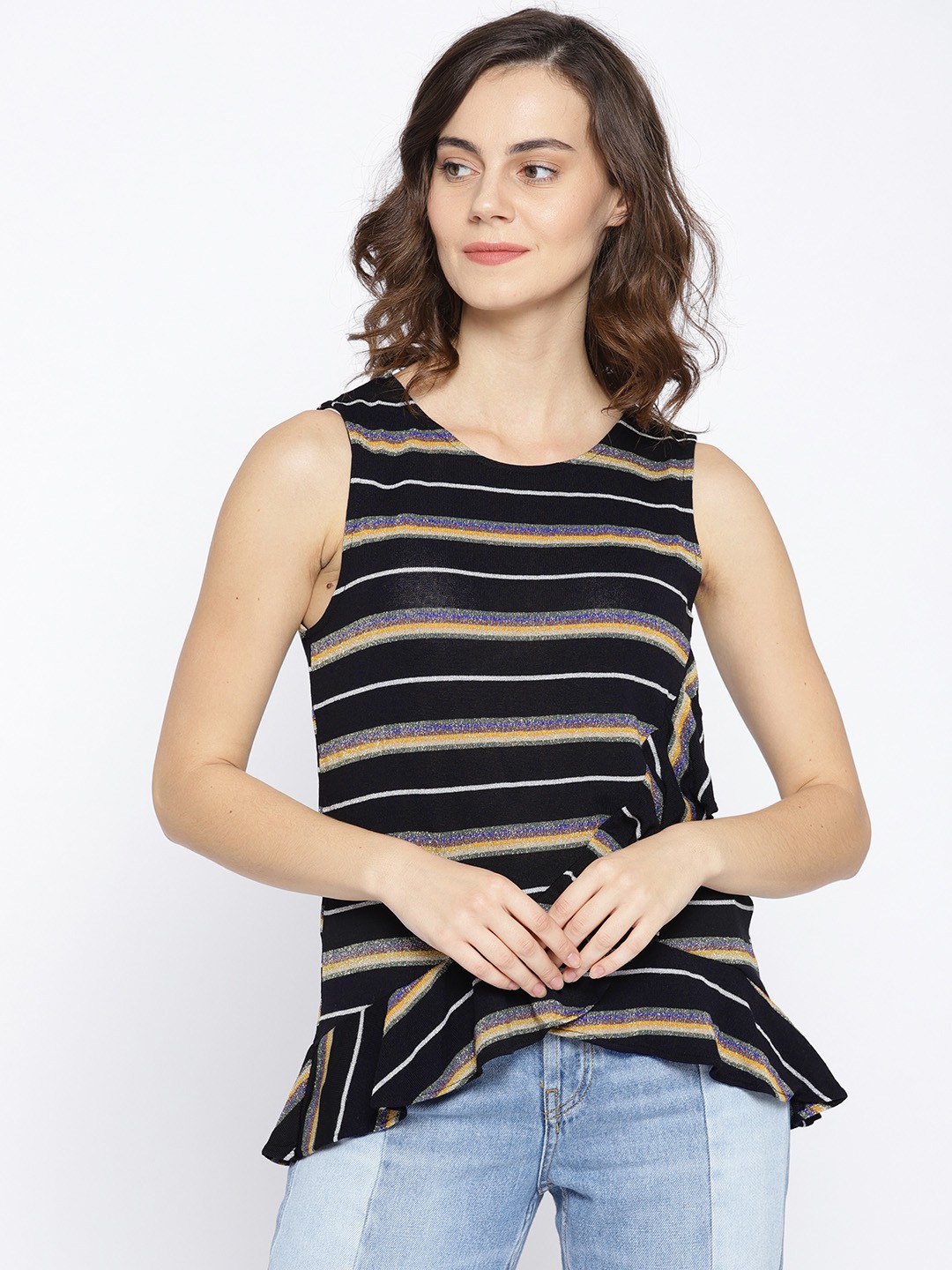 

Vero Moda Women Black Striped A-Line Top