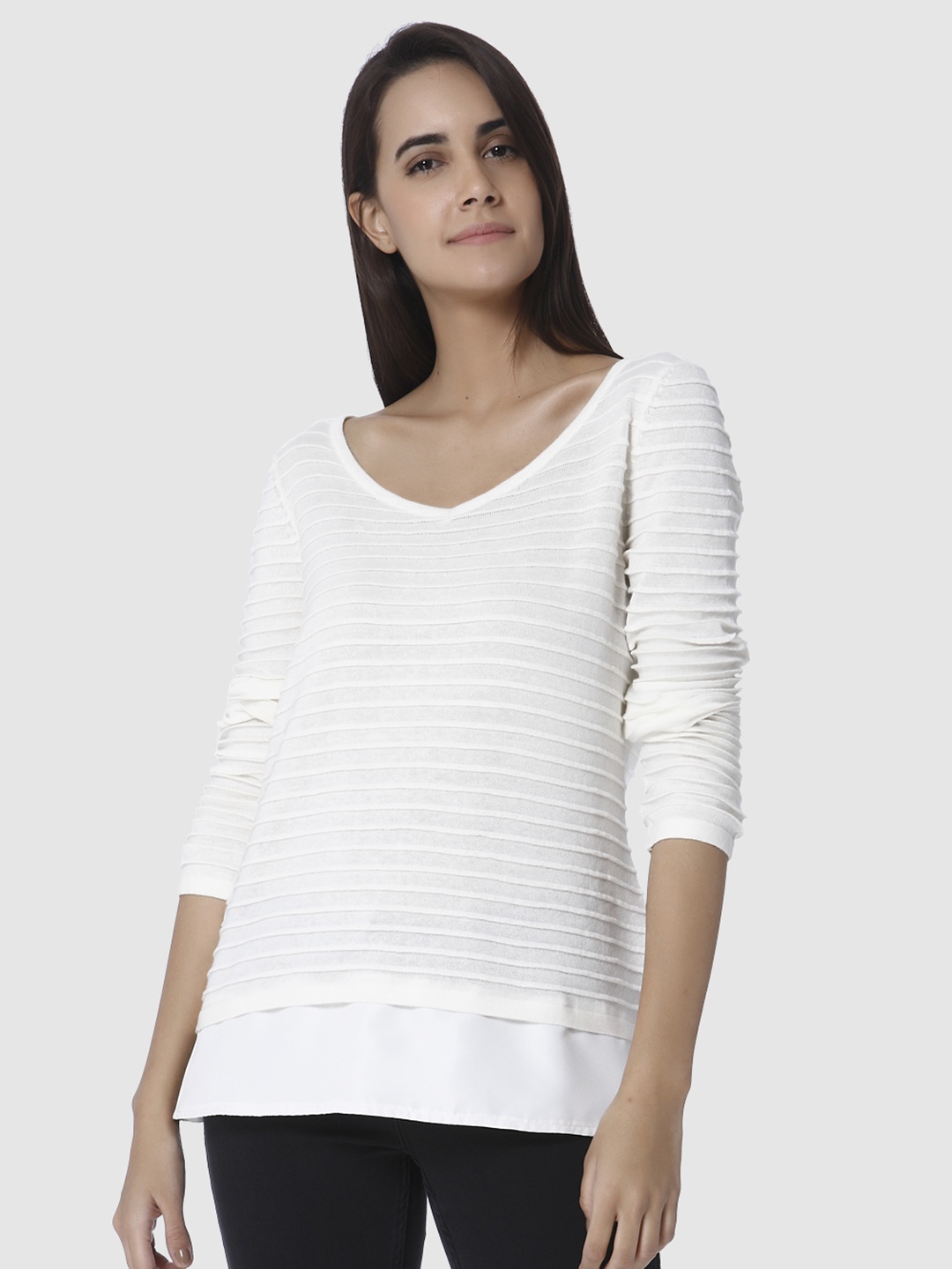 

Vero Moda Women Off-White Self Design Pure Cotton Top