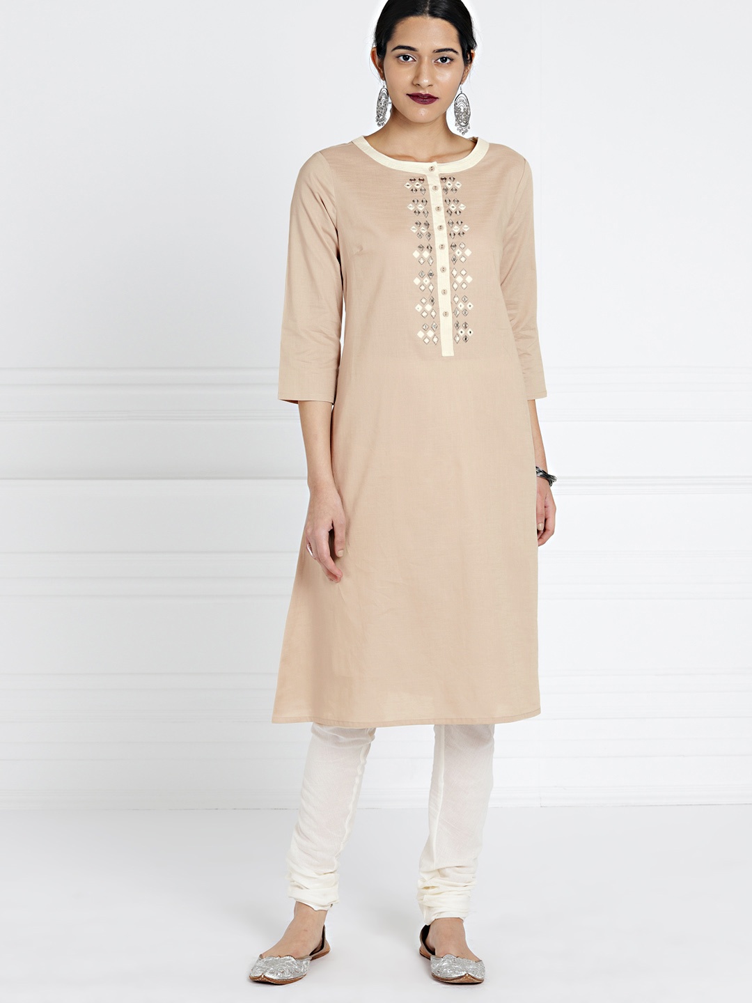 

all about you Women Beige Embellished A-Line Kurta
