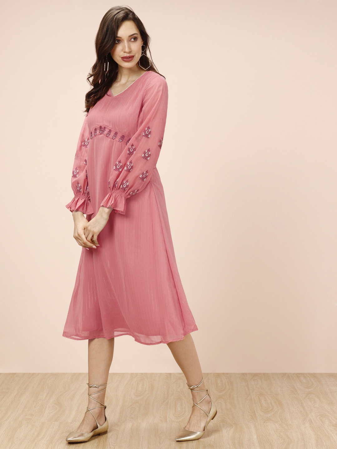 

all about you Women Peach-Coloured Self Design A-Line Midi Dress