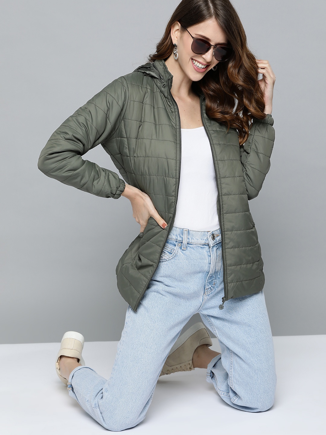 

HERE&NOW Women Olive Green Solid Padded Jacket