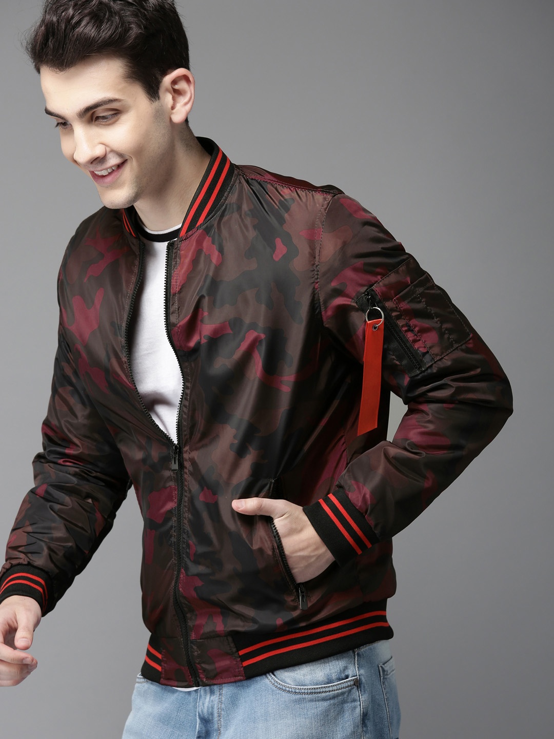 

HERE&NOW Men Brown Printed Bomber