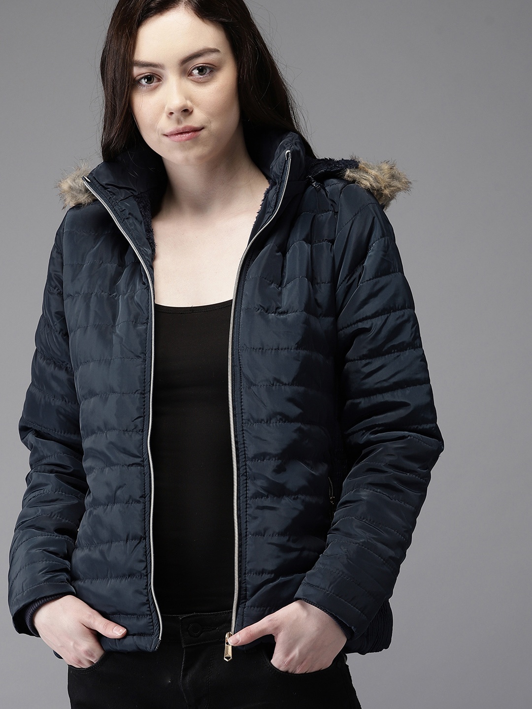 

HERE&NOW Women Navy Blue Solid Parka