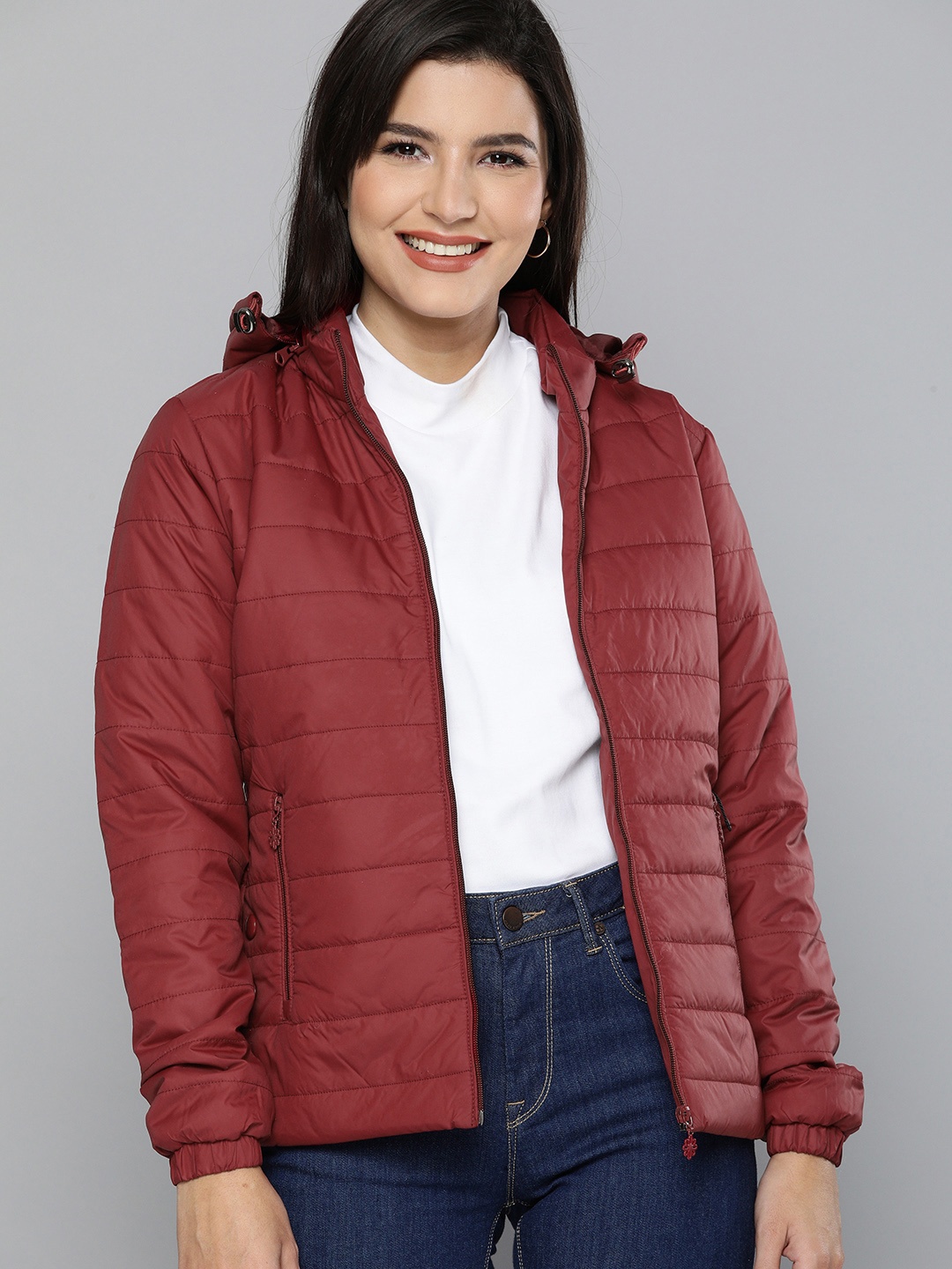 

HERE&NOW Women Maroon Hooded Padded Jacket