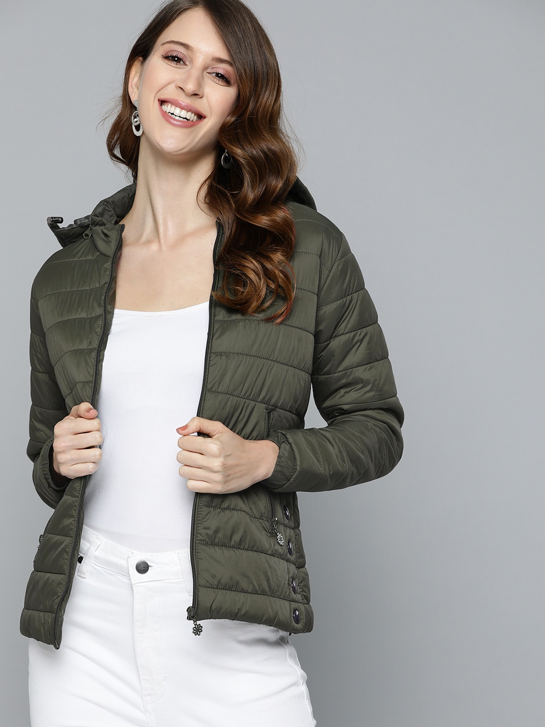 

HERE&NOW Women Olive Green Hooded Padded Jacket