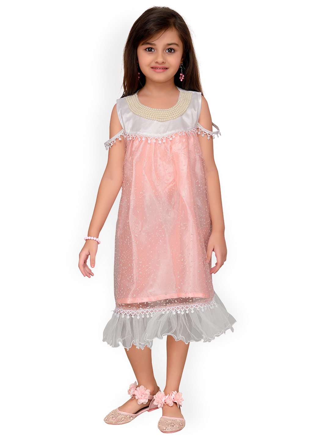 

ADIVA Girls Peach-Coloured Self Design A-Line Dress