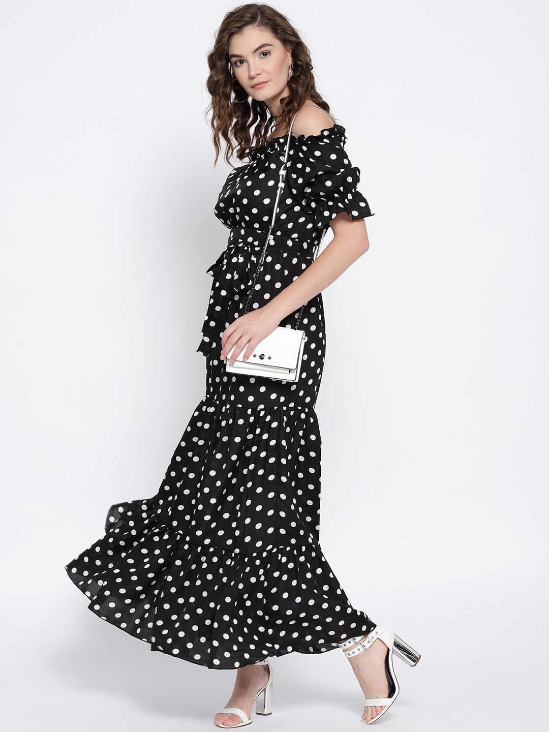 

Berrylush Women Black & White Polka Dots Printed Off-Shoulder Maxi Dress