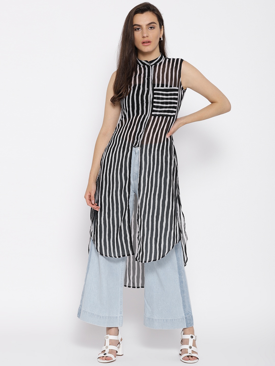 

Berrylush Women Black & White Striped Sheer High-Low Top