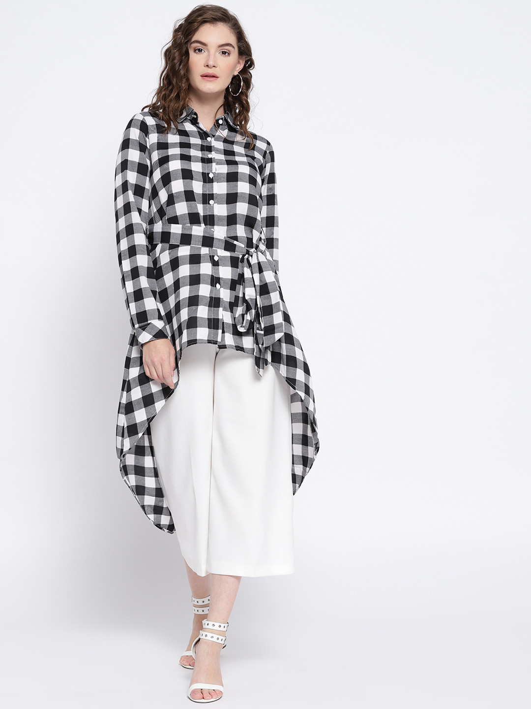 

Berrylush Women Black & White Checked Longline Casual Shirt