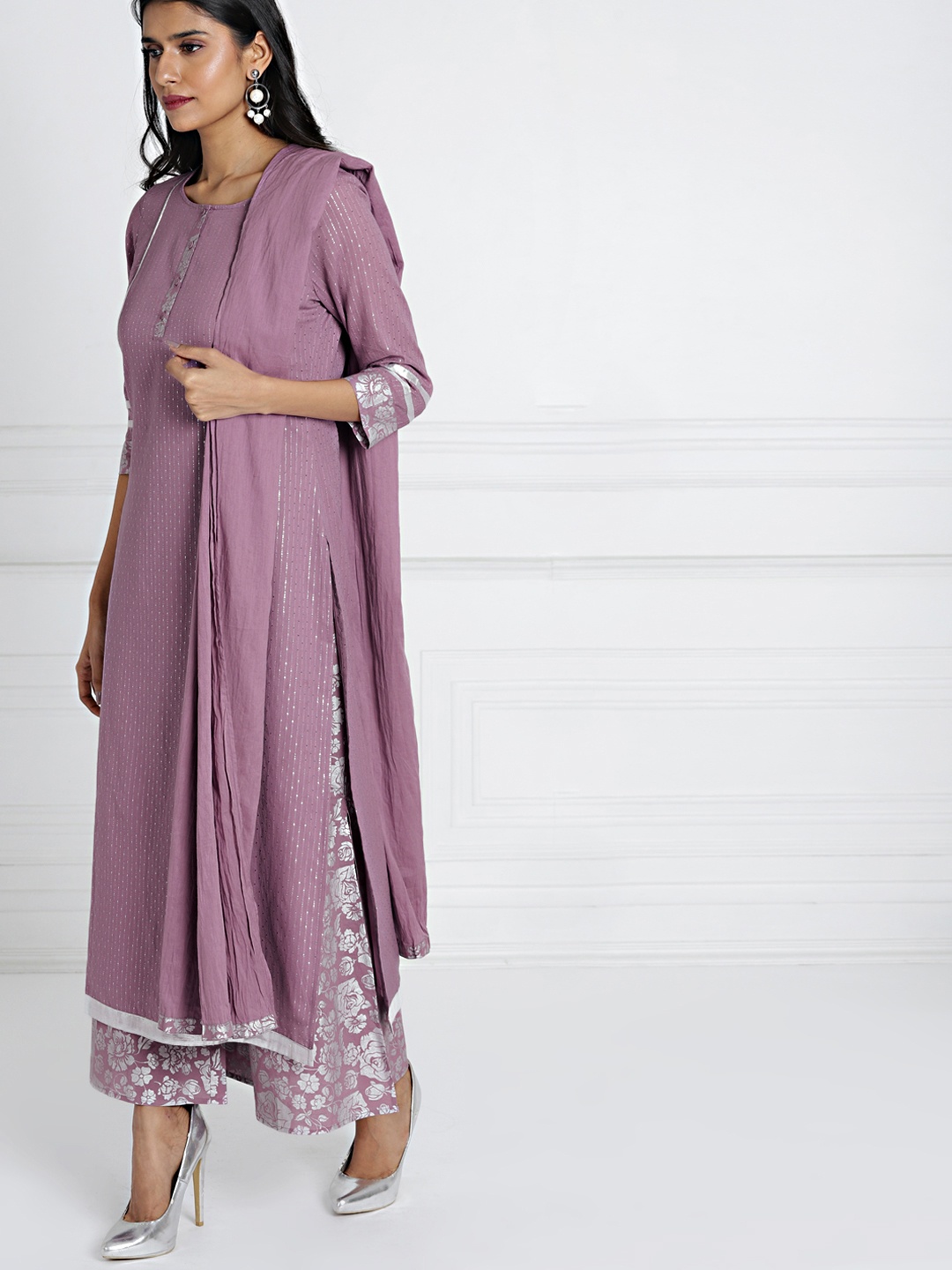 

all about you Women Lavender Striped Kurta with Printed Palazzos & Dupatta