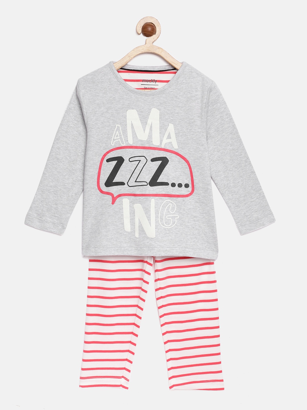 

mackly Girls Grey & Red Printed Night suit