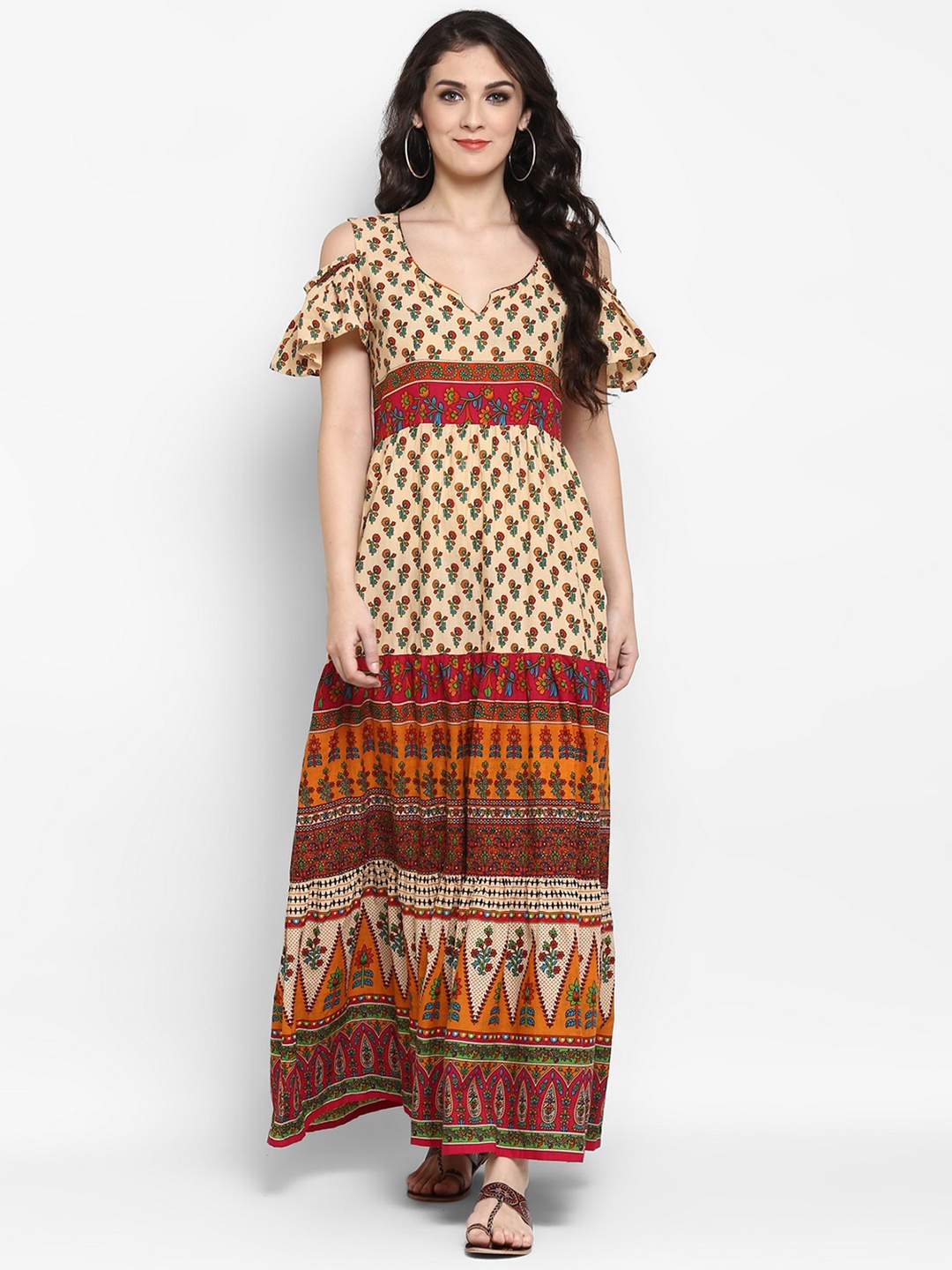 

Pannkh Women Beige & Orange Printed Maxi Dress