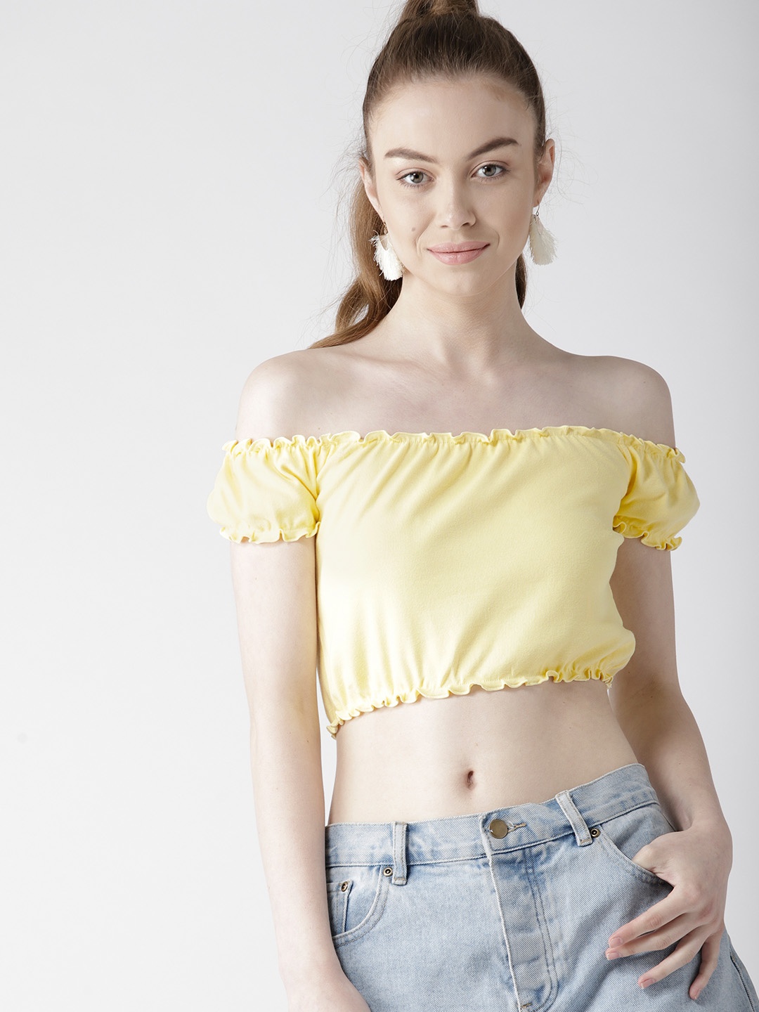 

FOREVER 21 Women Yellow Solid Crop Bardot Top