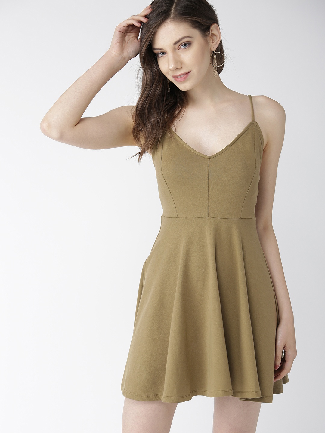 

FOREVER 21 Women Olive Green Solid Fit & Flare Dress