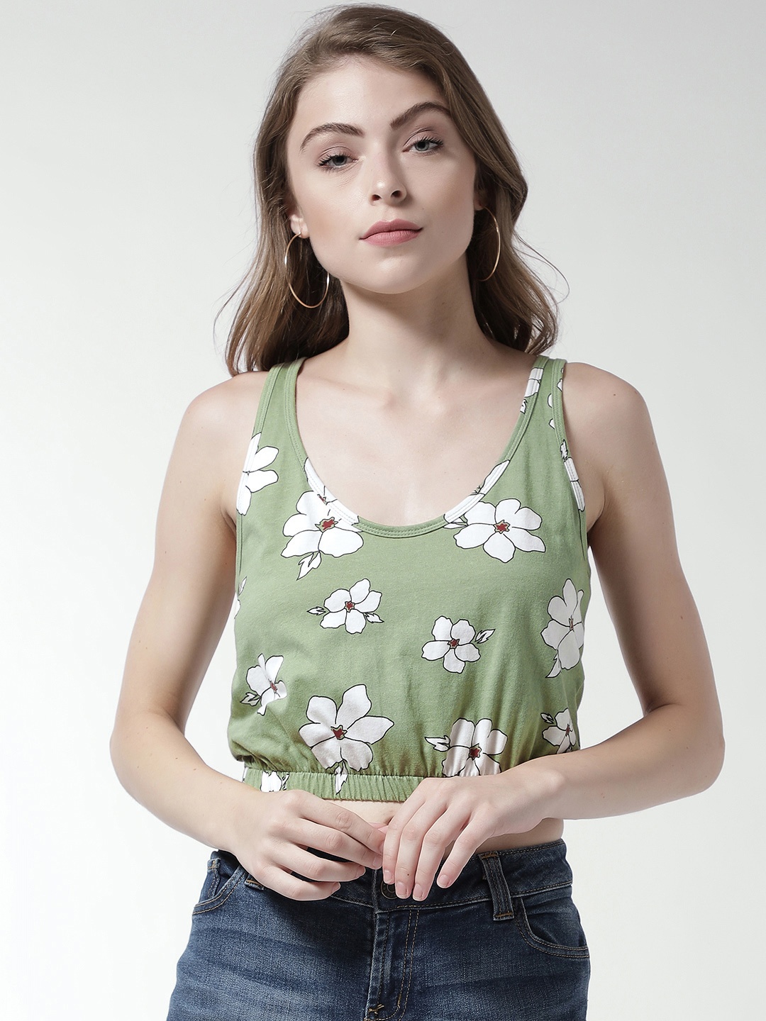 

FOREVER 21 Women Green & White Printed Cropped Blouson Pure Cotton Top