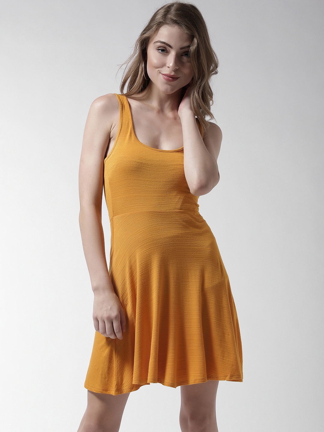 

FOREVER 21 Women Mustard Yellow Solid Mini Fit & Flare Dress