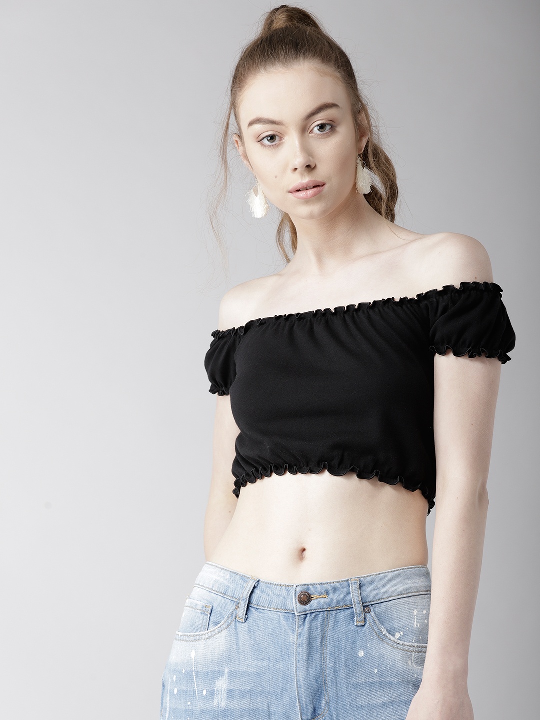 

FOREVER 21 Women Black Solid Crop Bardot Top