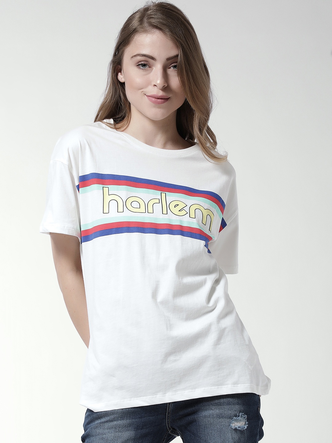 

FOREVER 21 Women White Printed Round Neck T-shirt