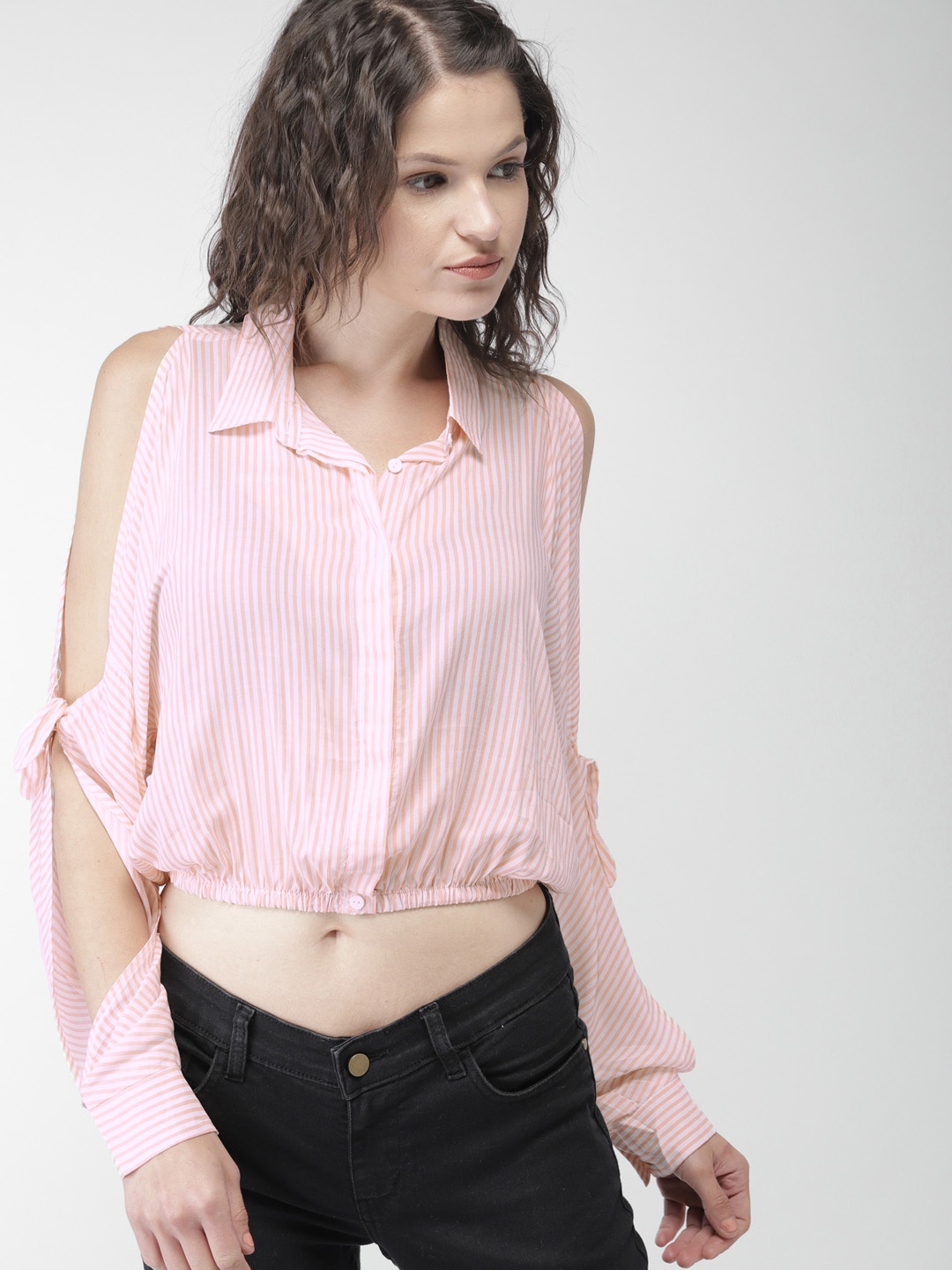 

FOREVER 21 Women Off-White Striped Shirt Style Crop Top