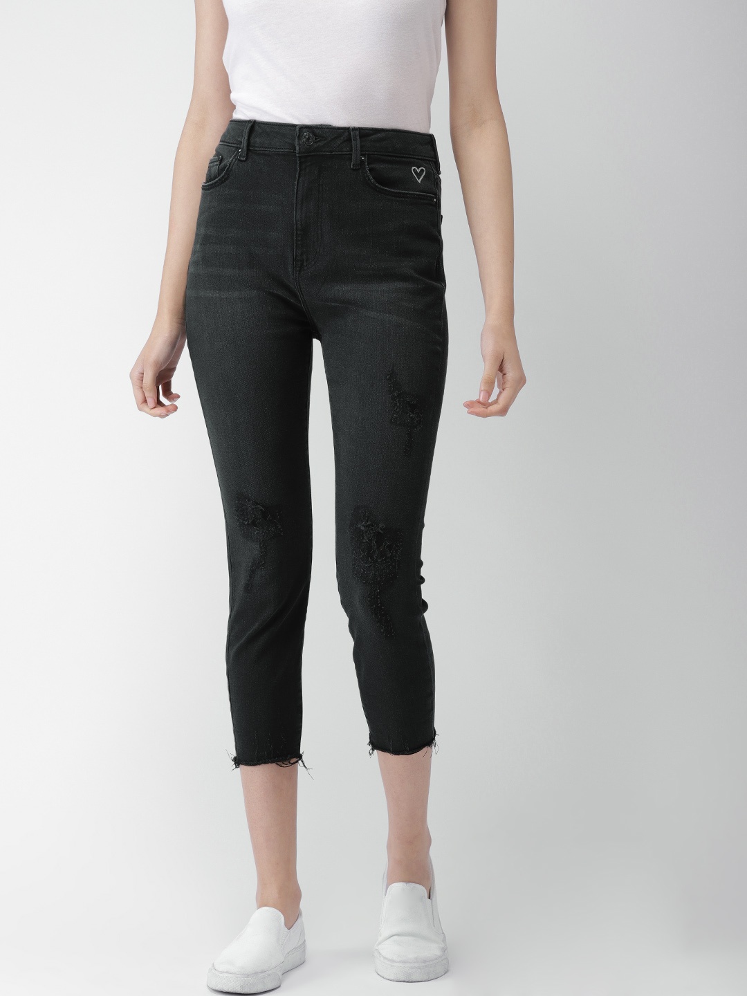 

FOREVER 21 Women Black Skinny Fit High-Rise Mildly Distressed Jeans