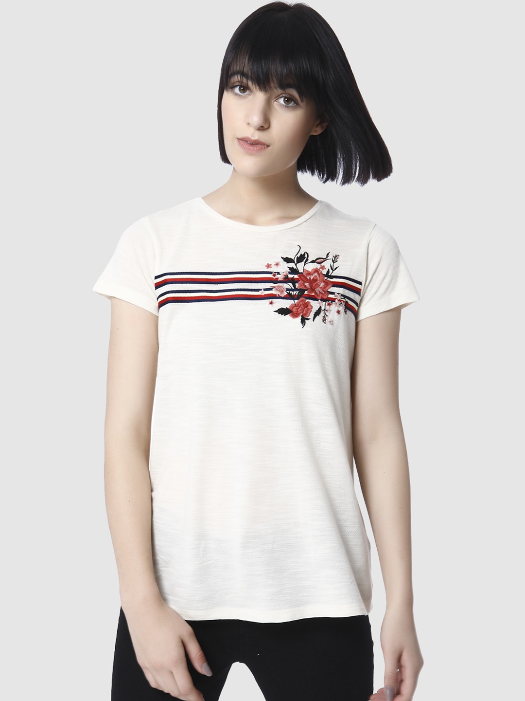 

Vero Moda Women Cream-Coloured Printed Round Neck T-shirt
