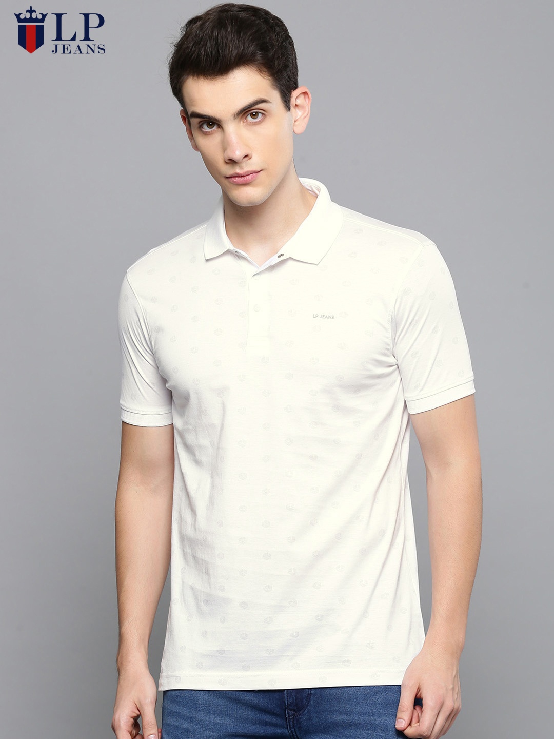 

Louis Philippe Jeans Men White Printed Polo Pure Cotton T-shirt