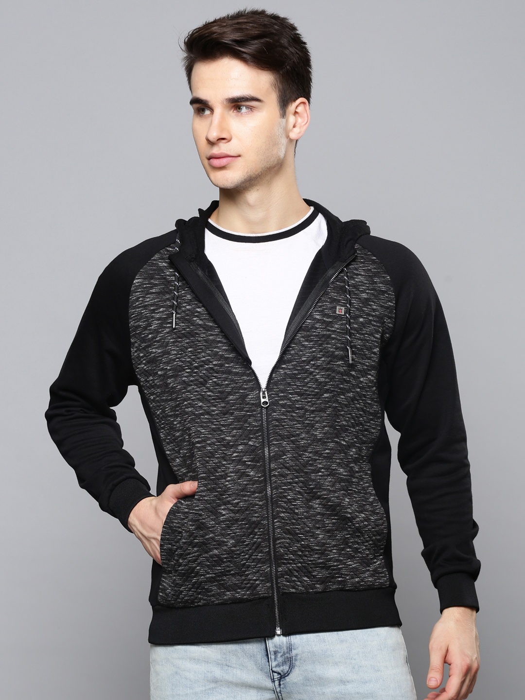 

Louis Philippe Jeans Men Black Self Design Hooded Sweatshirt