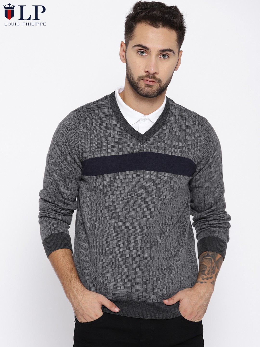 

Louis Philippe Sport Men Grey Striped Pullover