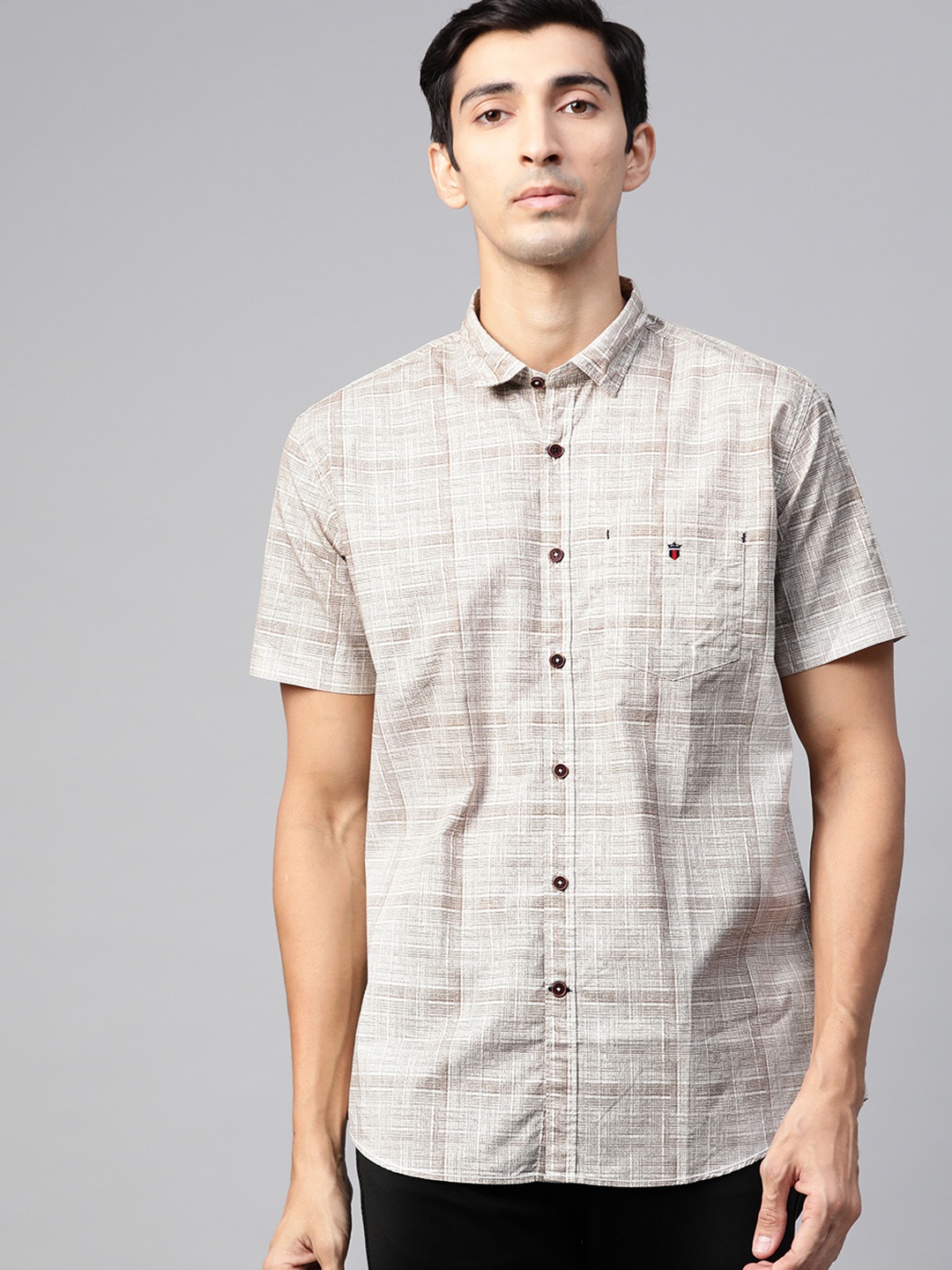 

Louis Philippe Sport Men Cream-Coloured & Brown Slim Fit Abstract Print Casual Shirt