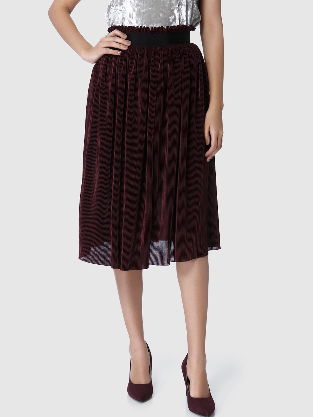 

Vero Moda Women Burgundy Solid Accordion Pleat Skirt