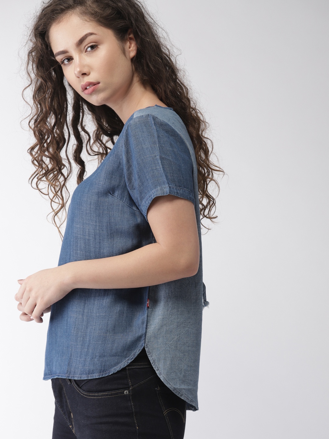 

Levis Women Blue Solid High-Low Chambray Top