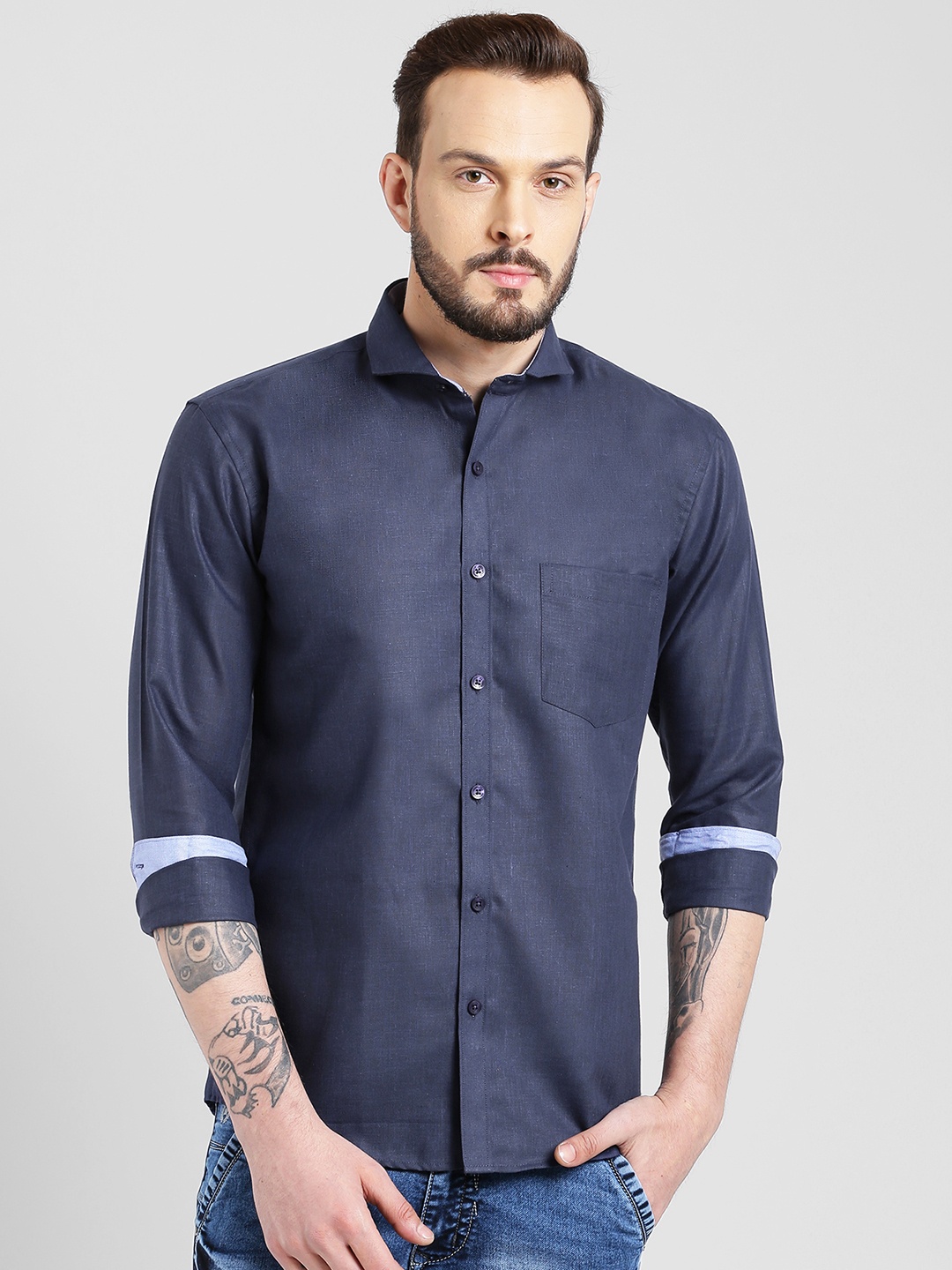 

Being Fab Men Navy Blue Slim Fit Solid Casual Shirt