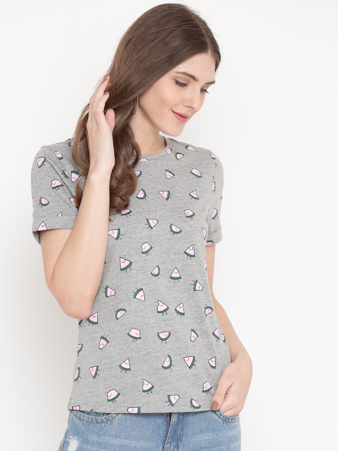

GRITSTONES Women Grey Melange Printed Top