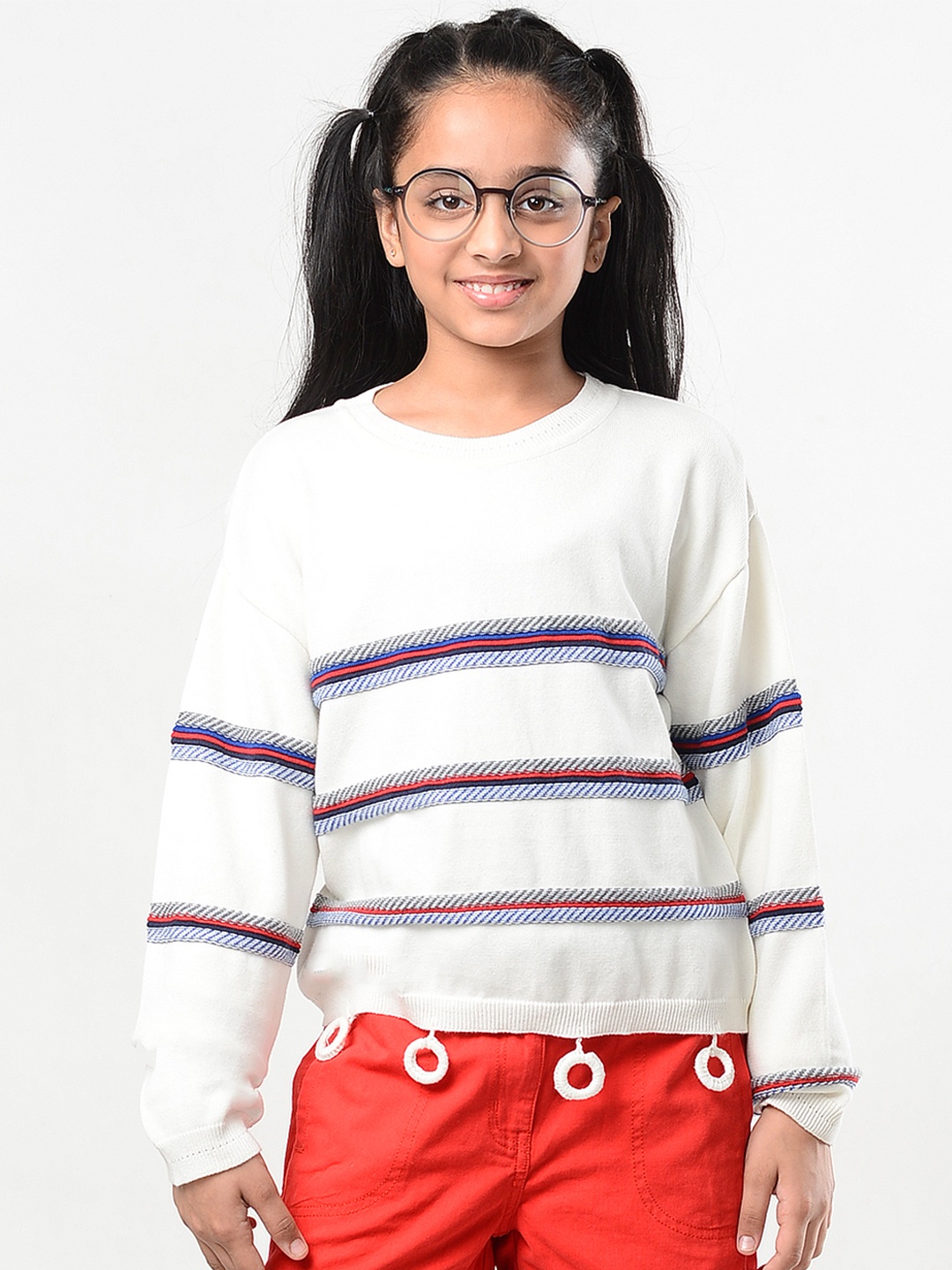 

Natilene Girls Off-White Striped Pullover