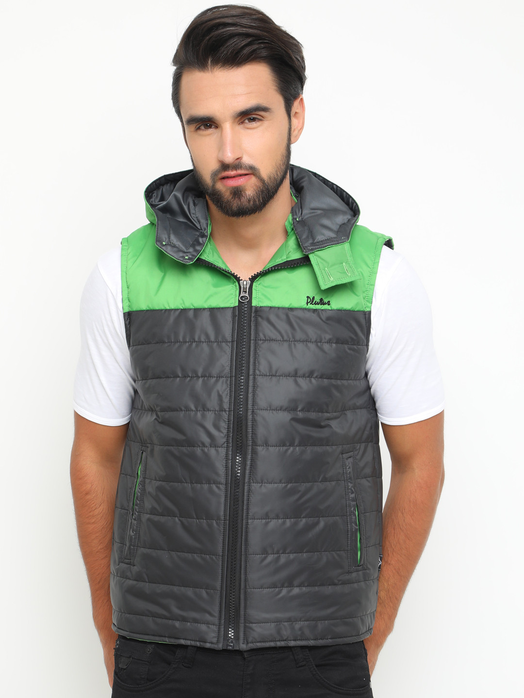 

Plutus Men Charcoal Grey & Green Colourblocked Lightweight Hooded Padded Jacket