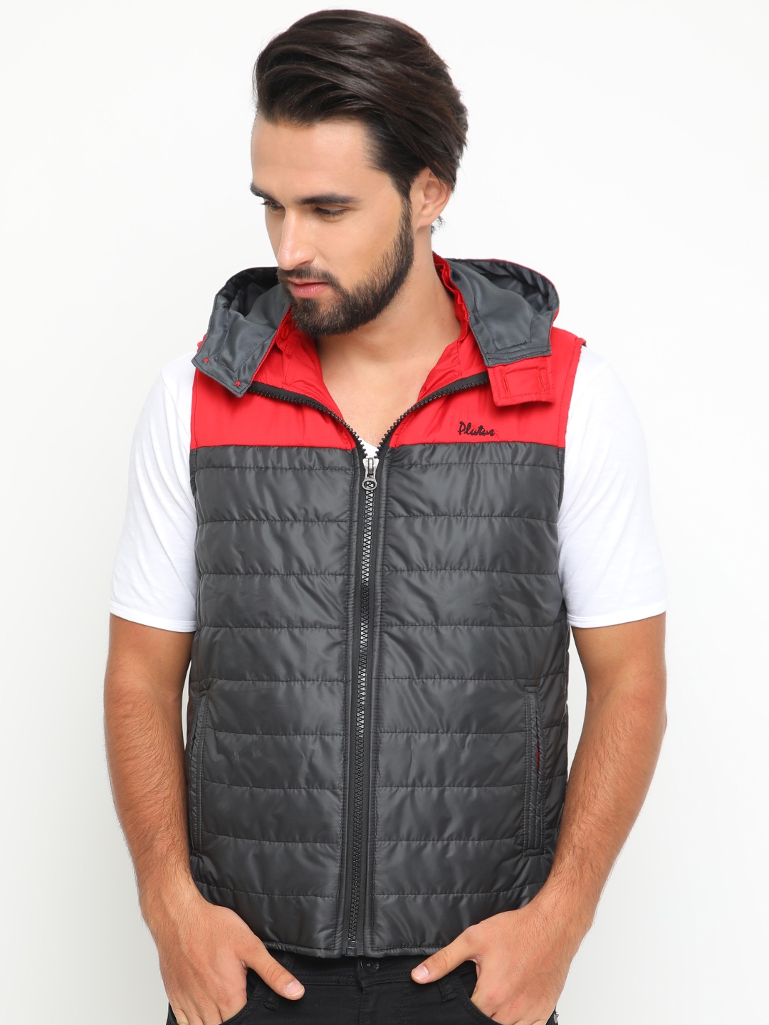 

Plutus Men Charcoal Grey & Red Colourblocked Lightweight Hooded Padded Jacket