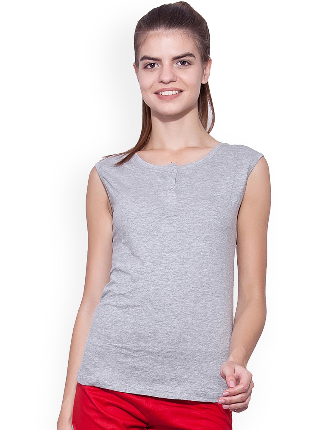 

appulse Women Grey Melange Solid Henley Neck T-shirt