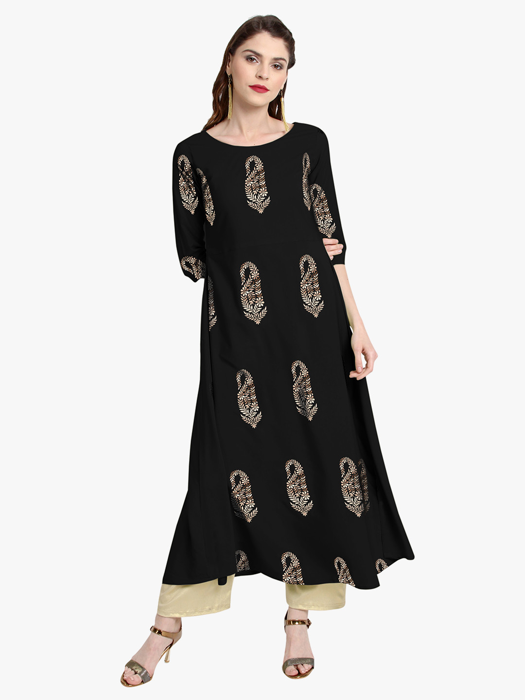 

Janasya Women Black & Beige Printed A-Line Kurta