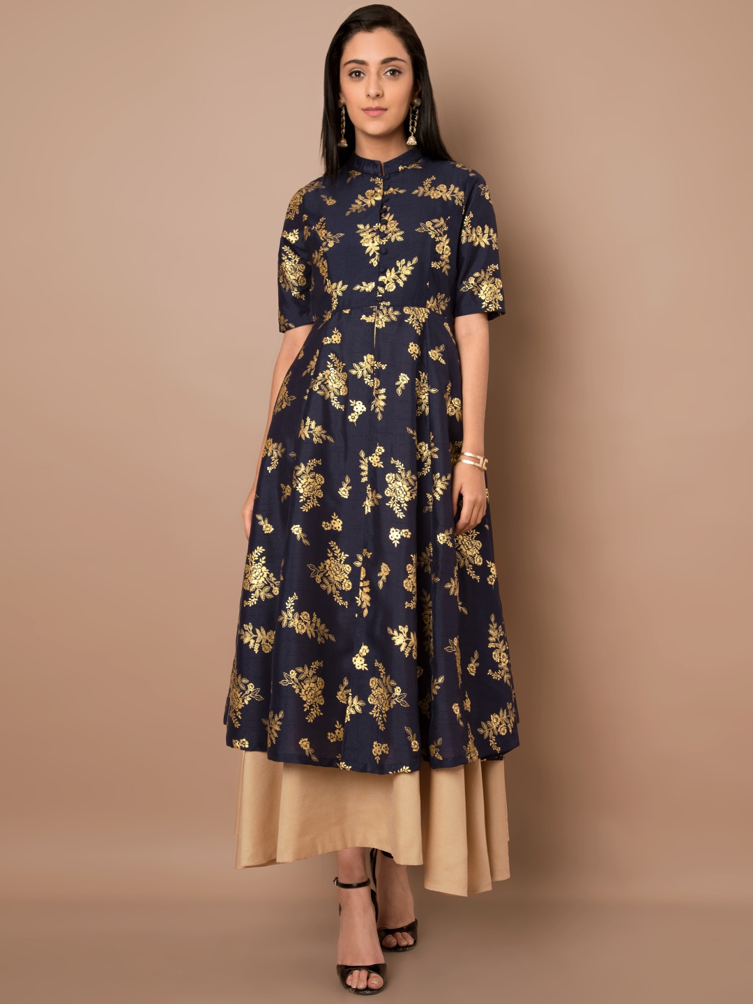 

INDYA Women Navy Blue Printed Anarkali Kurta with Skirt