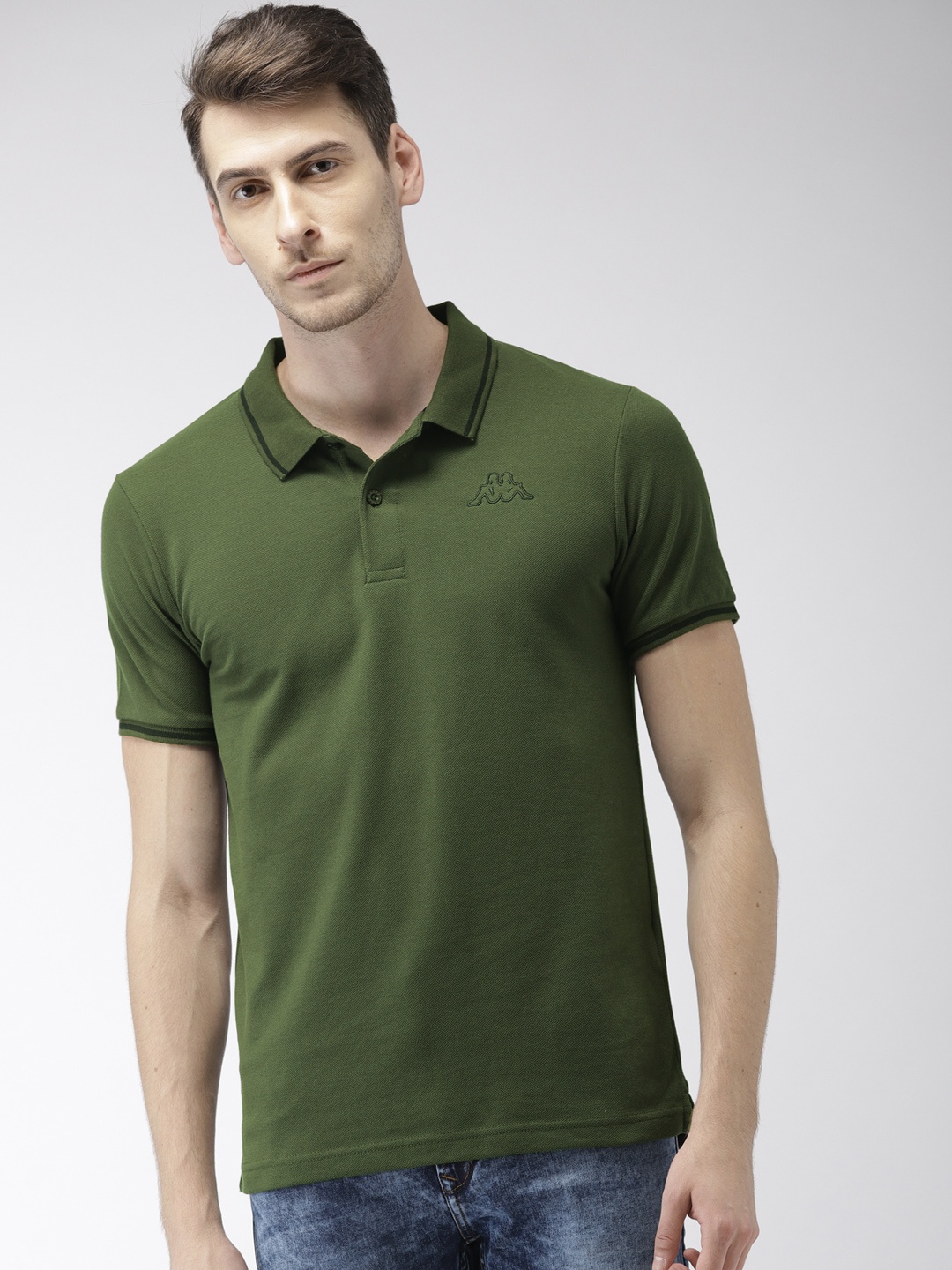 

Kappa Men Olive Green Solid Polo Collar Pure Cotton T-shirt