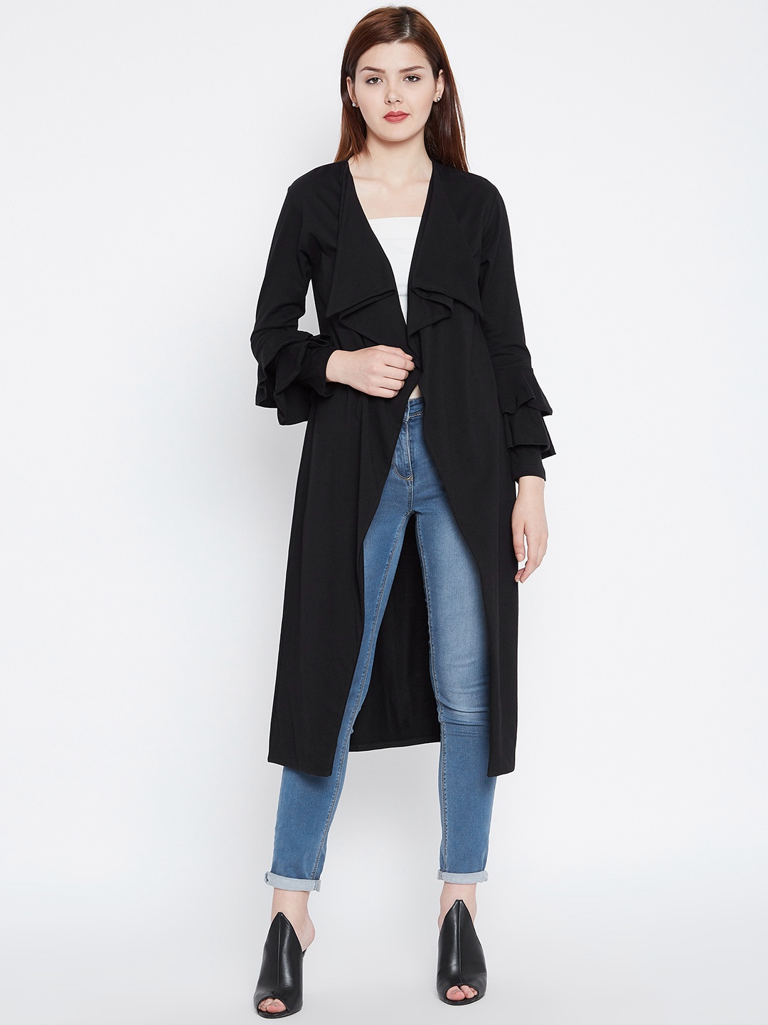

Hypernation Women Black Solid Open Front Shrug