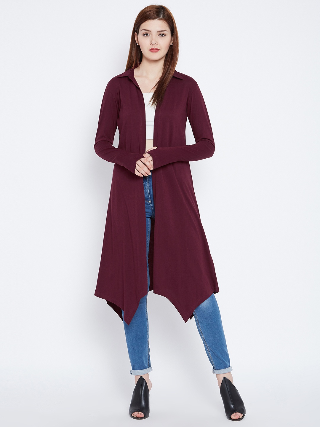 

Hypernation Maroon Solid Open Front Shrug